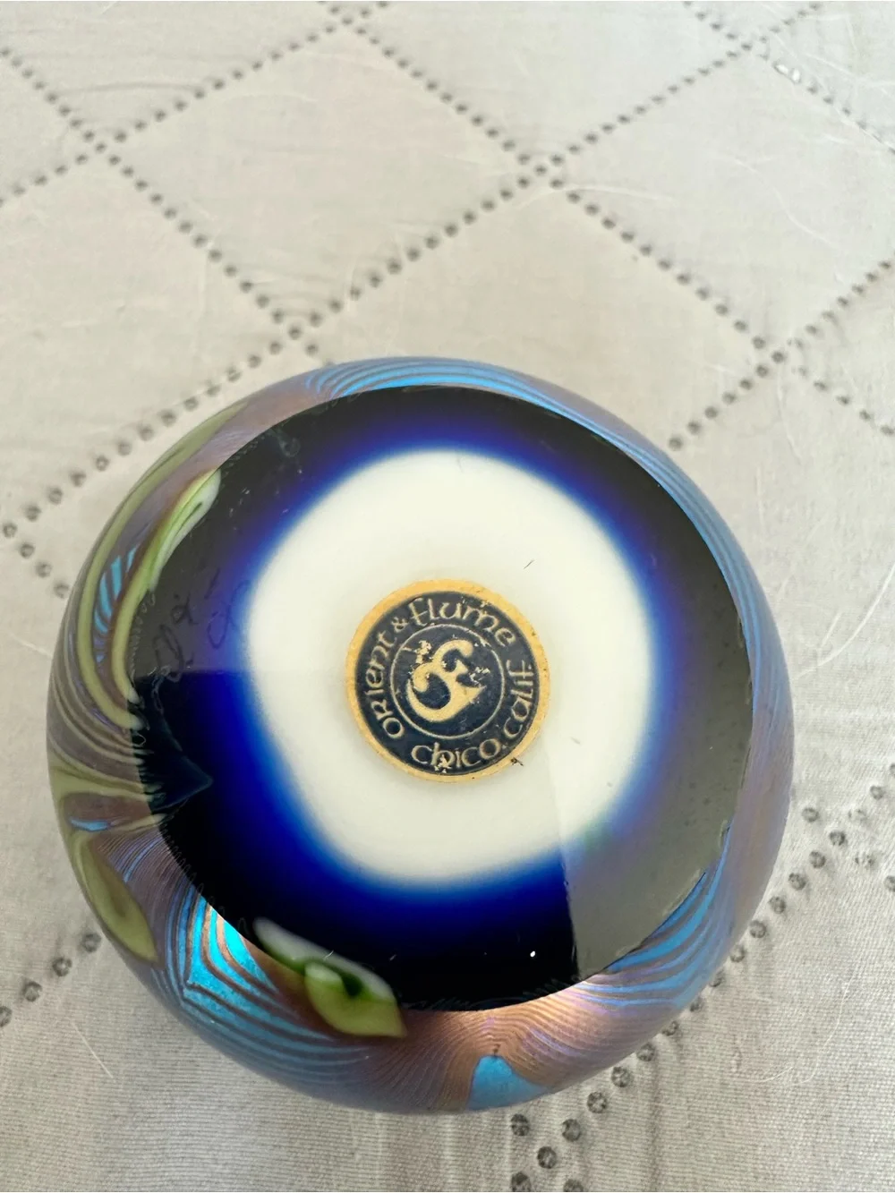 Vintage Orient & Flume Glass Blue & White Flower Iridescent Paperweight-1977